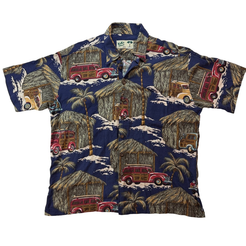 Koko Island Hawaiian Shirt Mens XL Woodie Car Surfboard Tiki Hut Navy Blue USA